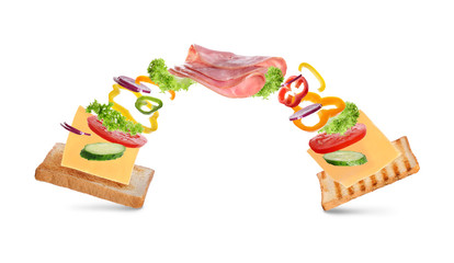 Delicious sandwich with toasted bread on white background