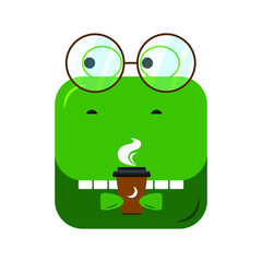 Cute smart cartoon dinosaur in the shape of a square with glasses and coffee