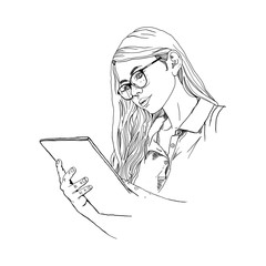 Beautiful young girl is holding book in her hands. Woman reads. Hand drawn sketch.