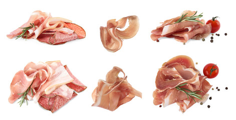 Set of cut delicious prosciutto and sausages on white background. Banner design