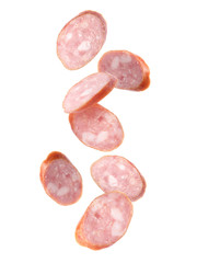 Set of flying cut fresh sausage on white background