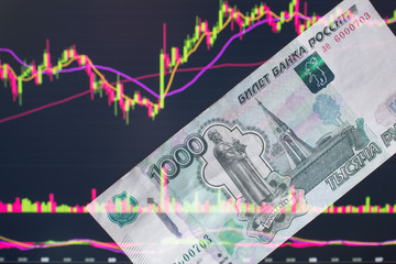 Russian rubles against the background of the exchange's trading schedule. Trading stocks, bonds, and securities on the stock exchange. Trader in Russia with the ruble