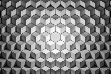 Honeycombs. Background abstract minimalistic black / white texture with many rows of volumetric cubes lying in the light. Animation. Mobile briquette silver wall