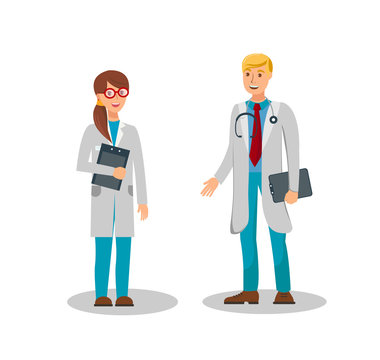 Medical Workers Color Vector Illustration. Young Man with Stethoscope, Woman with Clipboard. Therapists, Physicians, Surgeons, Pediatricians Isolated Cartoon Characters Set. Hospital, Clinic Staff