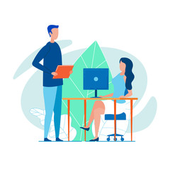 Coworking Colleagues, Talking Shop, Discussing Work Issues at Desk, Man Standing Next to Worktable of His Friend, Holding Folder in His Hand, Woman sitting at Table with PC on Swivel Chair