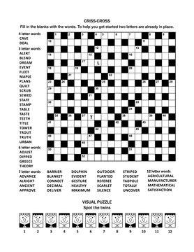 Puzzle page with two puzzles: 19x19 criss-cross (fill-in) crossword word game (English language) and visual puzzle with whimsical faces. Black and white, A4 or Letter sized. 