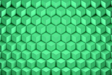 Honeycombs. Background abstract minimalistic texture with many rows of volumetric light green figures of hexagons lying in the white light. Animation. Mobile briquette wall