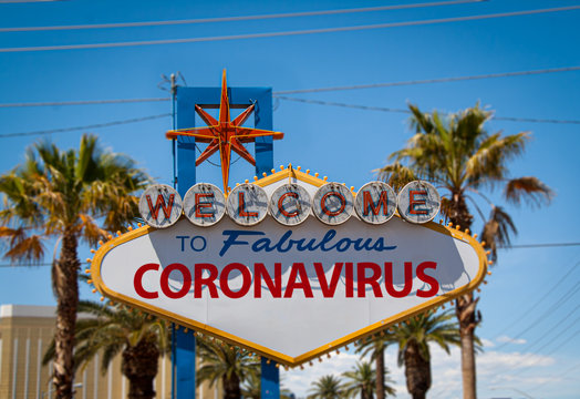 Las Vegas iconic welcome sign with coronavirus word on it, digital composite. Concept of coronavirus spreding in america and stimulus bill.