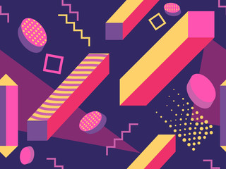 Memphis seamless pattern with geometric shapes in the style of the 80s. Eighties print colorful background for promotional products, wrapping paper and printing. Vector illustration