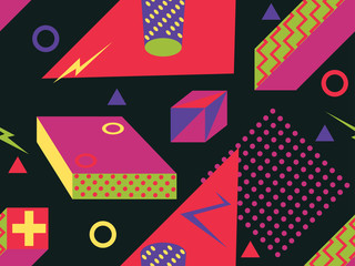 Memphis seamless pattern with geometric shapes in the style of the 80s. Eighties print colorful background for promotional products, wrapping paper and printing. Vector illustration