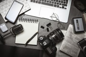 Flat lay composition with equipment for journalist on grey table - obrazy, fototapety, plakaty
