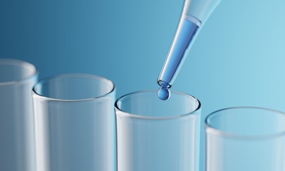 Dropping sample liquid into test tube. 3d rendering - illustration.