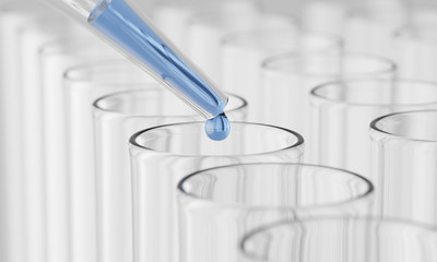 Dropping sample liquid into test tube. 3d rendering - illustration.