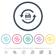 Log file rotation flat color icons in round outlines