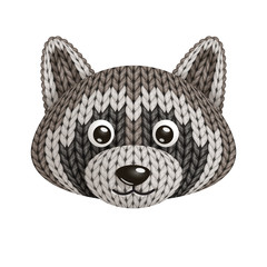 Illustration of a funny knitted raccoon toy head. On white background