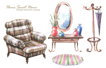 vintage interior furniture isolated watercolor drawing collection