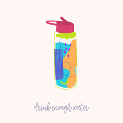 Hand-drawn vector of water bottles with slogan. Abstraction shapes.