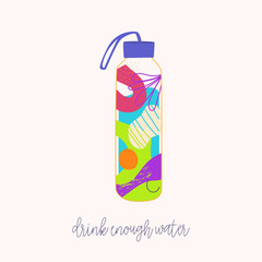 Hand-drawn vector of water bottles with slogan. Abstraction shapes.