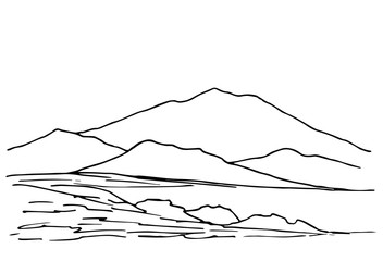 Hand-drawn simple vector drawing. The contour of the mountains on the horizon, hills, stones, panoramic landscape, rocky terrain. Tourism, travel, mountaineering. Wildlife of mountainous countries.