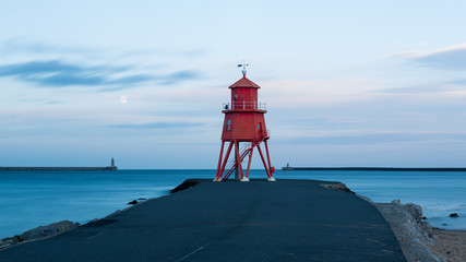 Little Haven Pier at South Shields, Tyneside. On the northeast coast of England, UK. At dusk,...