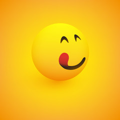 3D Smiling Mouth Licking Face, View from Side - Simple Happy Emoticon on Yellow Background - Vector Design