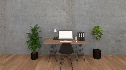 Home office workplace mess concept with laptop mockup and other objects  . 3D Rendering.Work from home concept. set of furniture interior working rooms of the house.Blank screen laptop computer.