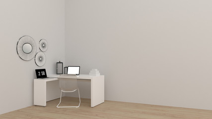 Home office workplace mess concept with laptop mockup and other objects  . 3D Rendering.Work from home concept. set of furniture interior working rooms of the house.