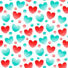 Seamless vector pattern with red and turquoise hearts and dots. Valentines day background in watercolor effect.