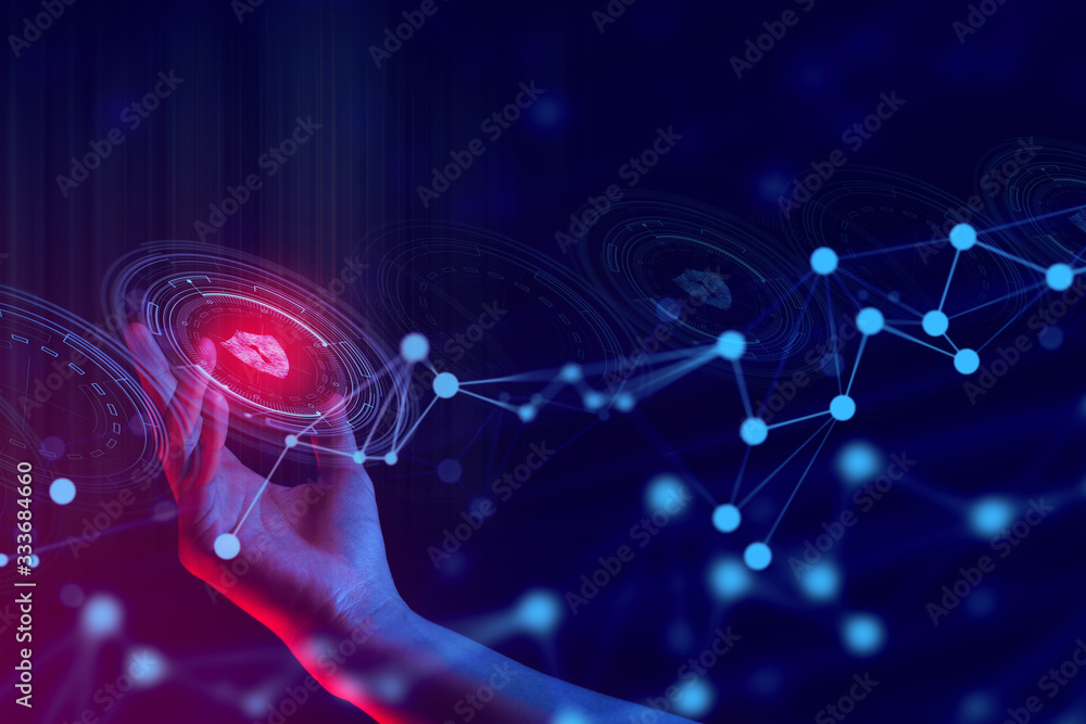 Poster hand with ai data connect to social network for cloud storage technology digital and internet of thi