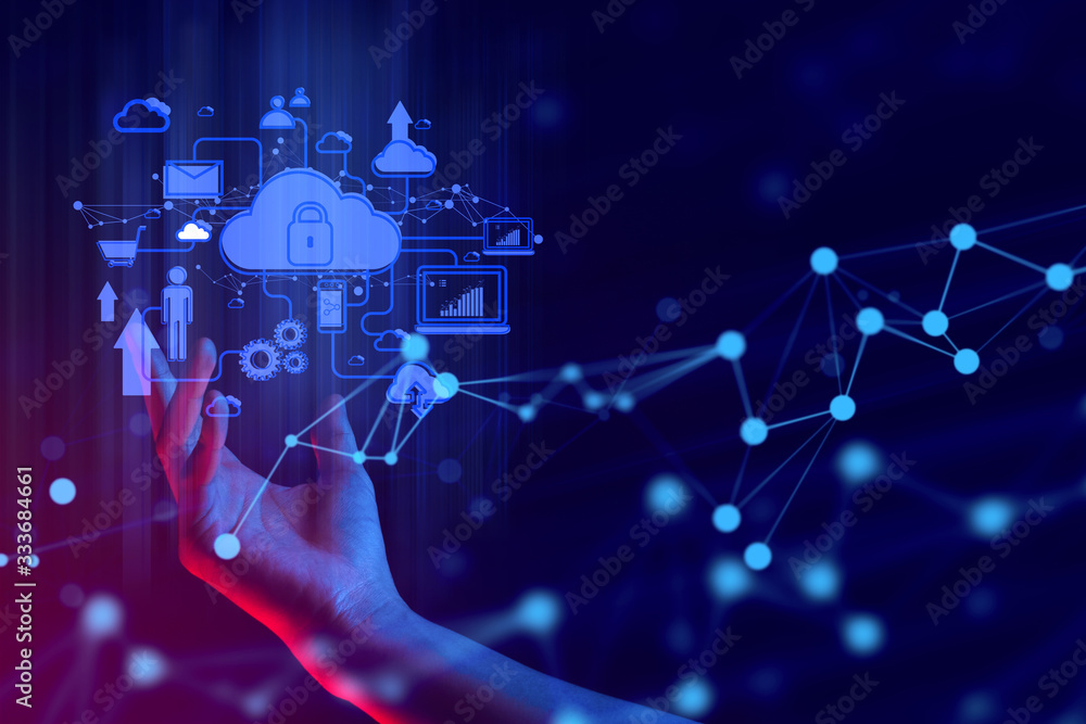 Poster hand with ai data connect to social network for cloud storage technology digital and internet of thi
