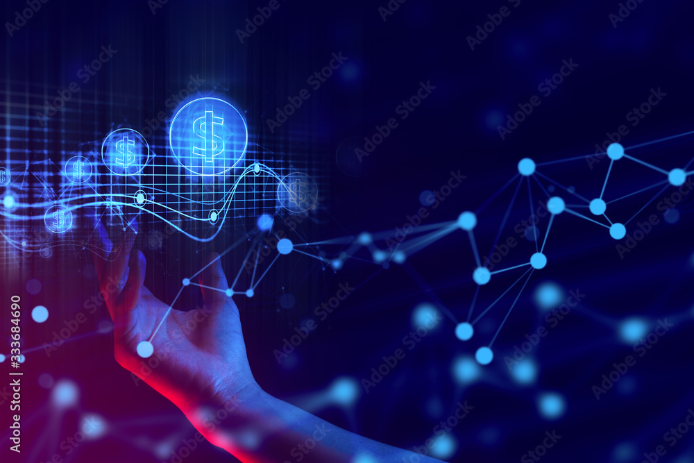 Poster hand with ai data connect to social network for cloud storage technology digital and internet of thi
