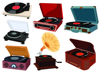 Set of vinyl players .Collections of music playing equipment. Colored vector illustration for music lovers.