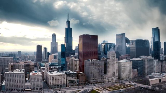 Stay-at-Home Order due Covid-19. Aerial view of deserted streets in The Loop, Downtown Chicago.