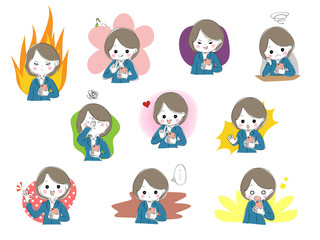 スマホを持ちながらいろんな表情をしているスーツ姿の若い女性セット　漫画タッチ