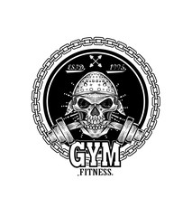 Fototapeta na wymiar GYM skull vintage logo with barbel on white background-vector