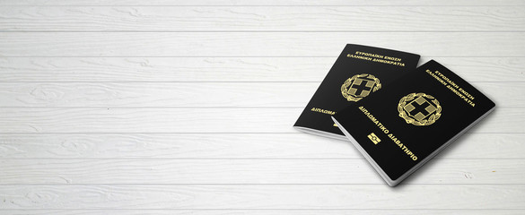 Greek Passports on Wood Lines Bakcground Banner with Copy Space - 3D Illustration