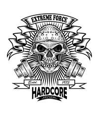 GYM skull vintage logo with barbel on white background-vector