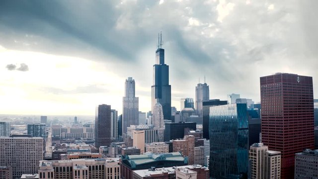 Chicago Skyline with Willis Tower Under Storm Clouds in Lockdown