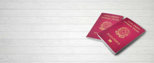 Italian Passports on Wood Lines Bakcground Banner with Copy Space - 3D Illustration
