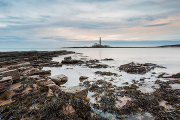 View of St Marys Lighthouse, Whitley Bay on the north east coast of England, UK. Taken during an overcast sunrise.