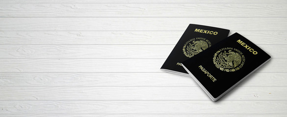 Mexican Passports on Wood Lines Bakcground Banner with Copy Space - 3D Illustration