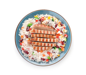 Tasty rice with beans and chicken meat isolated on white, top view