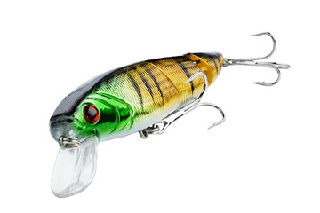 Fishing bait tackle and baubles for fishing on a white background, wobbler. Field with clipping...