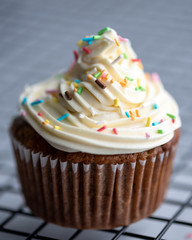Banana Chocolate Muffin Solo Close Up- topped with buttercream frosting and some colorful sprinkles