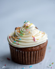 Banana Chocolate Muffin Solo- topped with buttercream frosting and some colorful sprinkles