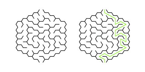 A hexagonal maze with a wall 5 cells long, with solution