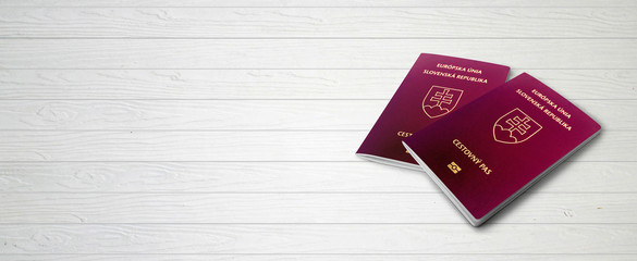 Slovak Passports on Wood Lines Bakcground Banner with Copy Space - 3D Illustration