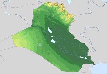 Map of Iraq with illuminated terrain contours.