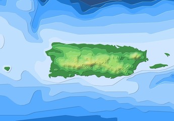 Map of Puerto Rico with illuminated terrain contours.