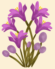 Violet Flower with branches and leaves illustration